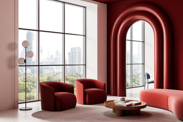 Obraz premium Modern interior design living room with red furniture, arched architecture, large windows, and cityscape view in elegant daylight setting. 3D Rendering