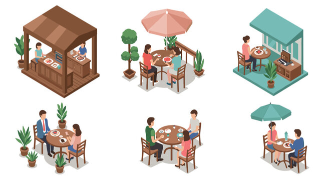 Isometric outdoor cafe scenes with diverse seating arrangements - Powered by Adobe