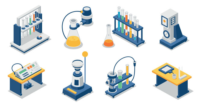Isometric laboratory equipment set featuring test tubes and scientific instruments
