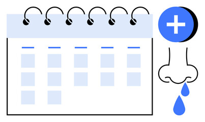 Medical scheduling. Calendar s organization for healthcare planning. Runny nose linked to illness and health reasons. Medical scheduling for clinics, patient care, treatments, reminders, wellness