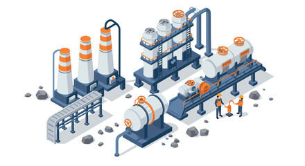 Industrial factory plant isometric design with engineers and machinery