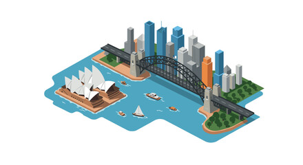 Naklejka premium Isometric sydney skyline with opera house and harbor bridge
