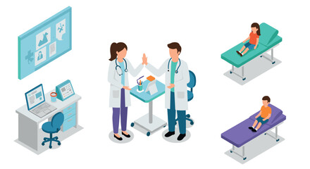 Healthcare team and pediatric patients in isometric medical clinic setting