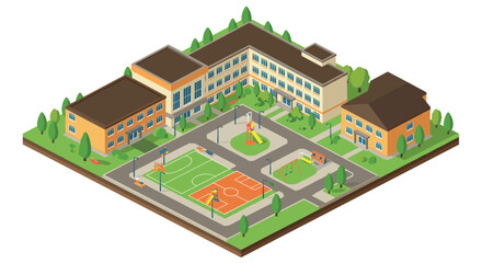 Isometric school campus with playground and basketball court