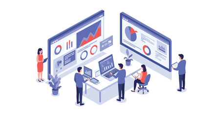 Isometric analytics team analyzing data on digital screens in modern office setting