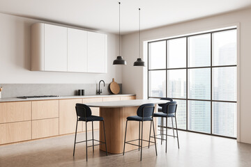 Modern minimalist kitchen interior with wooden cabinets, island and large window in high-rise apartment, showcasing urban city view and clean design. 3D Rendering