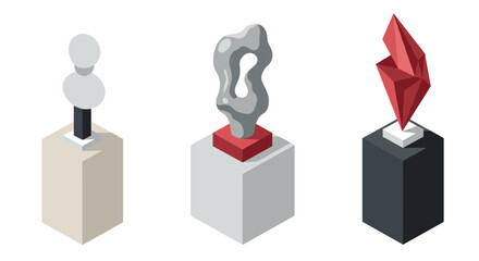 Modern isometric abstract sculptures on pedestals: geometric art display