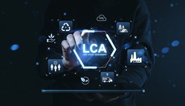 Life Cycle Assessment concept with environmental sustainability icons and digital interface on futuristic screen over dark background with person interaction.