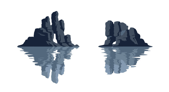 Reflection of dramatic rock formations on calm water surface in minimalist style