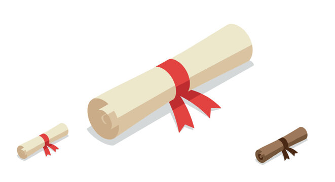 Isometric diplomas with red ribbons on white background