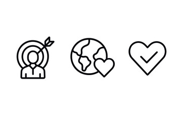 Minimalist icons: goal achievement, global love, and heart health in line art style
