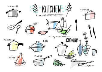 鍋の種類　手描きのキッチンアイテム