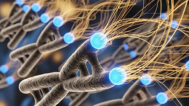 Human Chromosomes with Glowing Telomere Extension &mdash; Scientific Anti-Aging Biotechnology Visualization of Immortality Genetics and Cellular Rejuvenation Concept