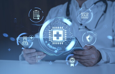 Futuristic digital healthcare concept with doctor using tablet and medical icons on abstract blue background representing medical technology innovation.