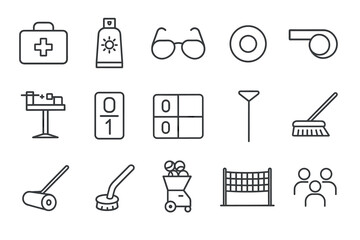 Minimalist line icons: first aid, sports, cleaning, and leisure essentials