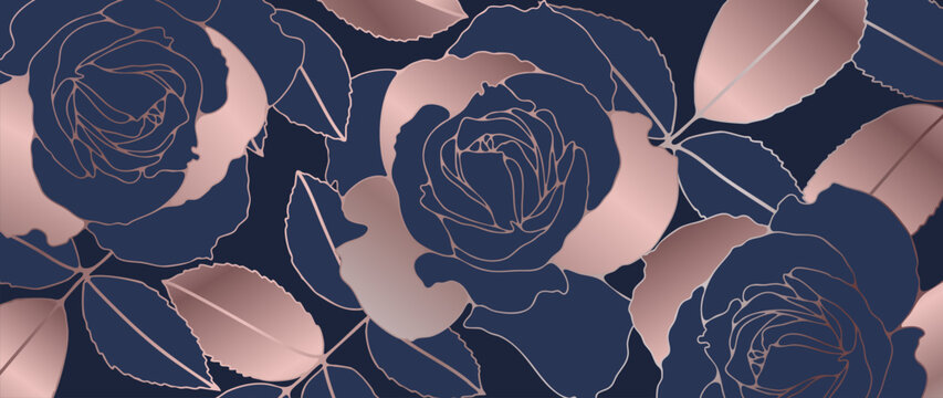 Elegant rose pattern with metallic rose-gold line art on a deep navy background. A luxurious floral seamless design perfect for high-end packaging, fashion prints, and modern decorative projects.