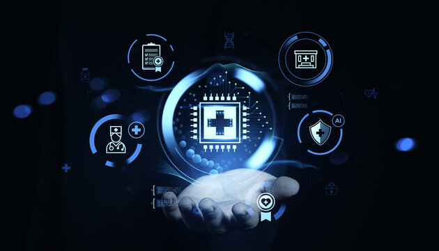 Futuristic digital healthcare technology interface with medical icons and microchip hovering above a human hand on a glowing dark background concept.