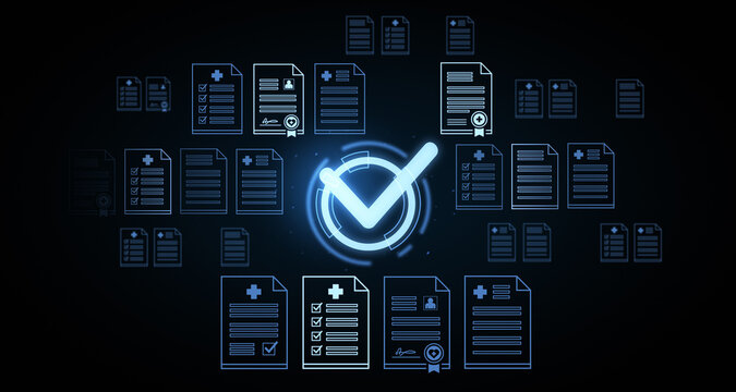 Digital checkmark with medical documents and glowing icons on dark blur background representing data validation and approval concept in healthcare system. 3D Rendering