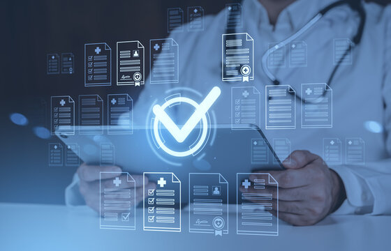 Digital medical data verification concept with doctor using tablet and checkmark icons on futuristic transparent document interface background..