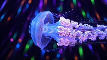 Vibrant jellyfish glows under neon lights, captures a mesmerizing underwater dance, evokes oceanic beauty during marine-themed celebrations