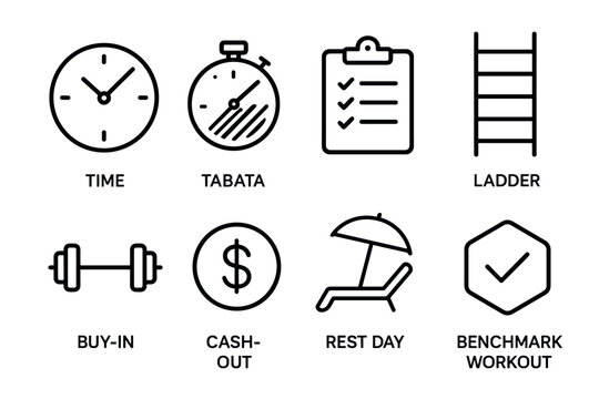 Minimalist fitness icons set: stopwatch, ladder, dumbbell, rest day symbols