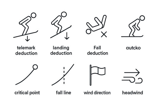 Ski jumping silhouettes and icons: deductions, fall line, wind direction, headwind dynamics