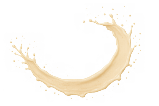 Beige liquid splash, creamy fluid motion with swirling drops and crown, milk pouring onto transparent background