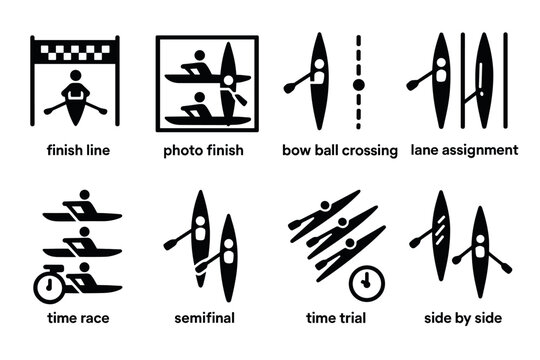 Kayaking icons: race finish, time trial, semifinal design elements