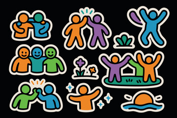 Fototapeta premium Colorful cartoon stickers of joyful people in various activities on black background