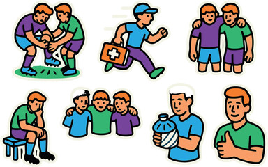 Sports injury prevention and care: cartoon health and recovery concepts