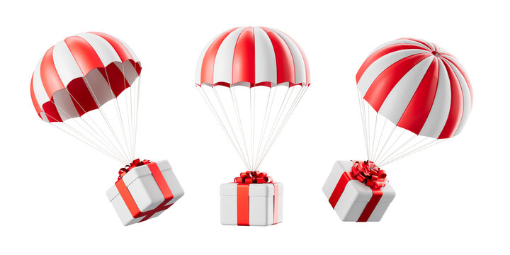 Red and white striped parachutes carrying gift boxes with red ribbons on white background, representing delivery or surprise concept. 3D Rendering