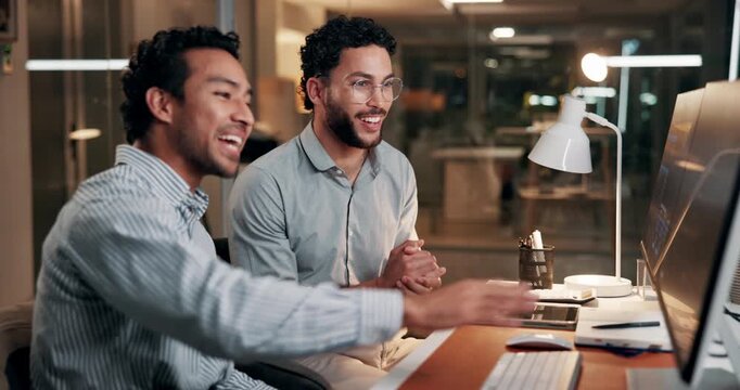 Investing, computer screen or people in office at night, market stats review or advice for investment. Mentoring, trading team or late data analysis with pc for revenue report, stock chart or explain