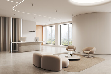 Modern office reception area with curved furniture, minimalist decor, and panoramic windows overlooking cityscape in soft neutral color palette. 3D Rendering