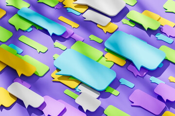 Colorful 3D speech bubbles scattered on vibrant purple background representing digital communication and messaging concept in modern style. 3D Rendering