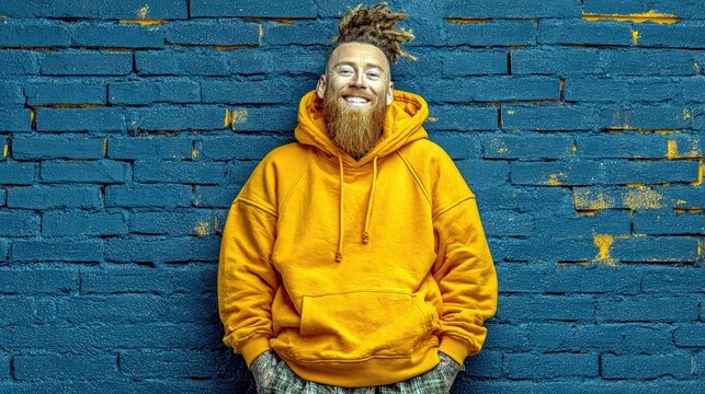 A man with dreadlocks, a full beard, and tattoos smiles while leaning against a textured blue brick wall.