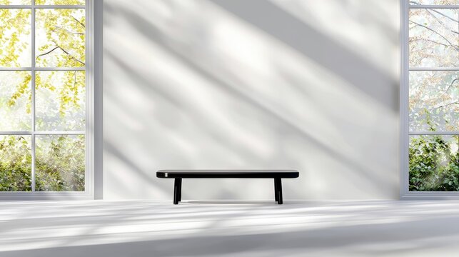 A minimalist room with a black bench in the center, illuminated by natural light streaming through large windows, casting shadows on the white walls and floor.