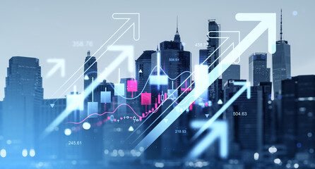 Financial growth concept with rising stock chart overlay on city skyline background showing economic success and upward market trends in creative style.