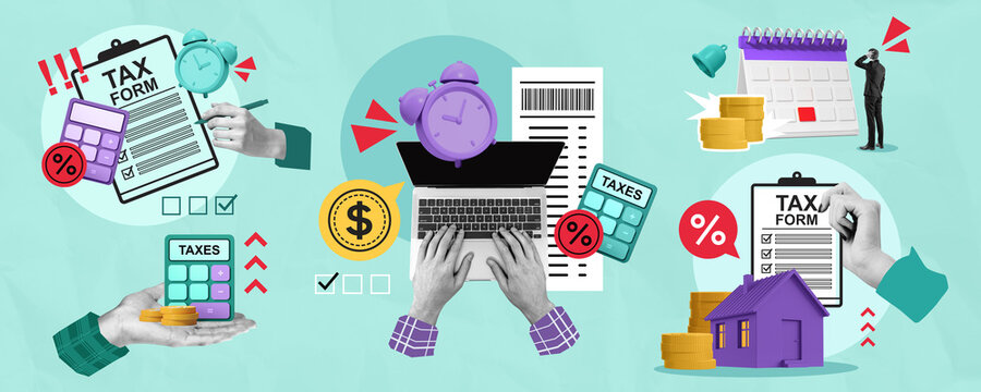 Colorful collage of tax forms, calculators, clocks, and financial icons on a blue background expressing tax filing deadline and financial planning concept. - Powered by Adobe