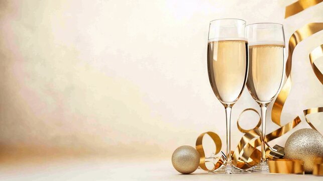 Elegant Champagne Toast Golden Ribbons and Festive Ornaments Celebration Still Life.