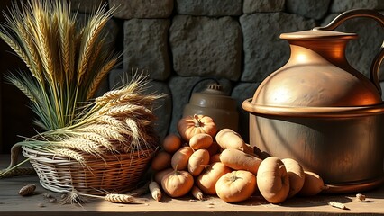 shochu. Barley sheaves and sweet potatoes arranged beside a traditional copper still. bar promotions, beverage menus, designed for product packaging and bar promotions.