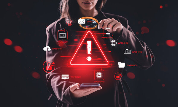 Cybersecurity warning concept with woman using smartphone and ma