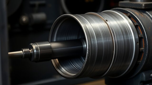 mandrel. A conical metal lathe mandrel rotating with an unfinished tube sleeve fitted over it. safety posters, maintenance manuals, designed for precision metalworking and fabrication facilities.