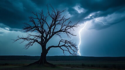 Fototapeta premium predictability. A solitary tree struck by lightning during a storm with dramatic sky. ESG reports, sustainability campaigns, designed for sustainability communications and ESG reporting.