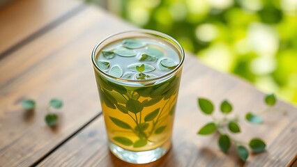 woodruff. Woodruff leaves floating in herbal tea on a wooden table with natural green tones. bar promotions, beverage menus, designed for food & beverage menus and cafe branding.