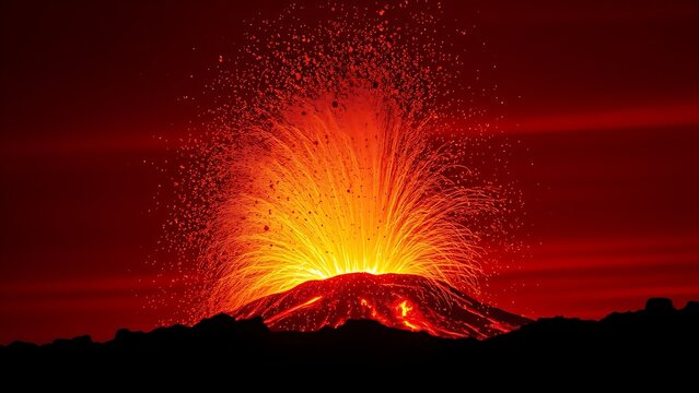 capitulating. Volcanic eruption launching rocks into a dark red sky, dramatic natural scene. travel magazines, destination branding, designed for travel destination branding, used by store managers.