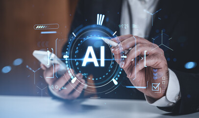 Businessman using smartphone with futuristic AI interface graphics on digital creative background, showing innovation and technology concept.