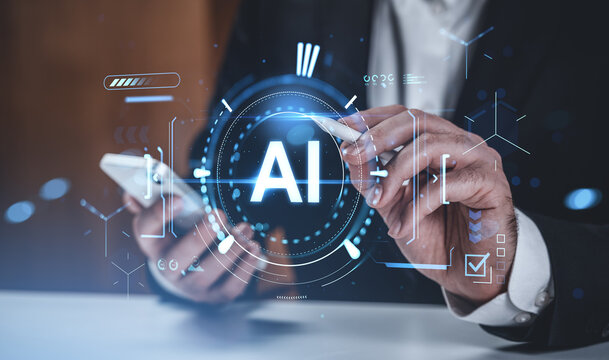 Businessman using smartphone with futuristic AI interface graphics on digital creative background, showing innovation and technology concept.