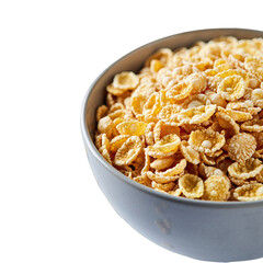 Close Up Of A Grey Bowl Filled With Golden Corn Flakes Cereal Isolated On A Black Background With Soft Lighting