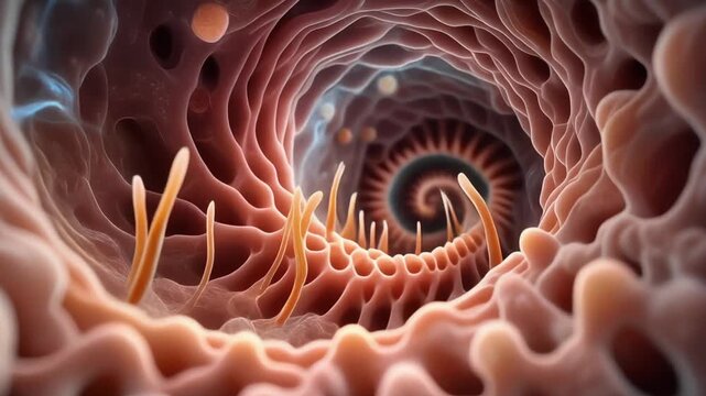 Intricate Microscopic View of Intestinal Villi and Absorption Process.