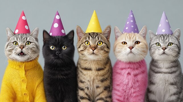 Group of five playful cats wearing colorful party hats, showcasing vibrant personalities and expressions, celebrating a festive occasion with joy and excitement in a cheerful atmosphere